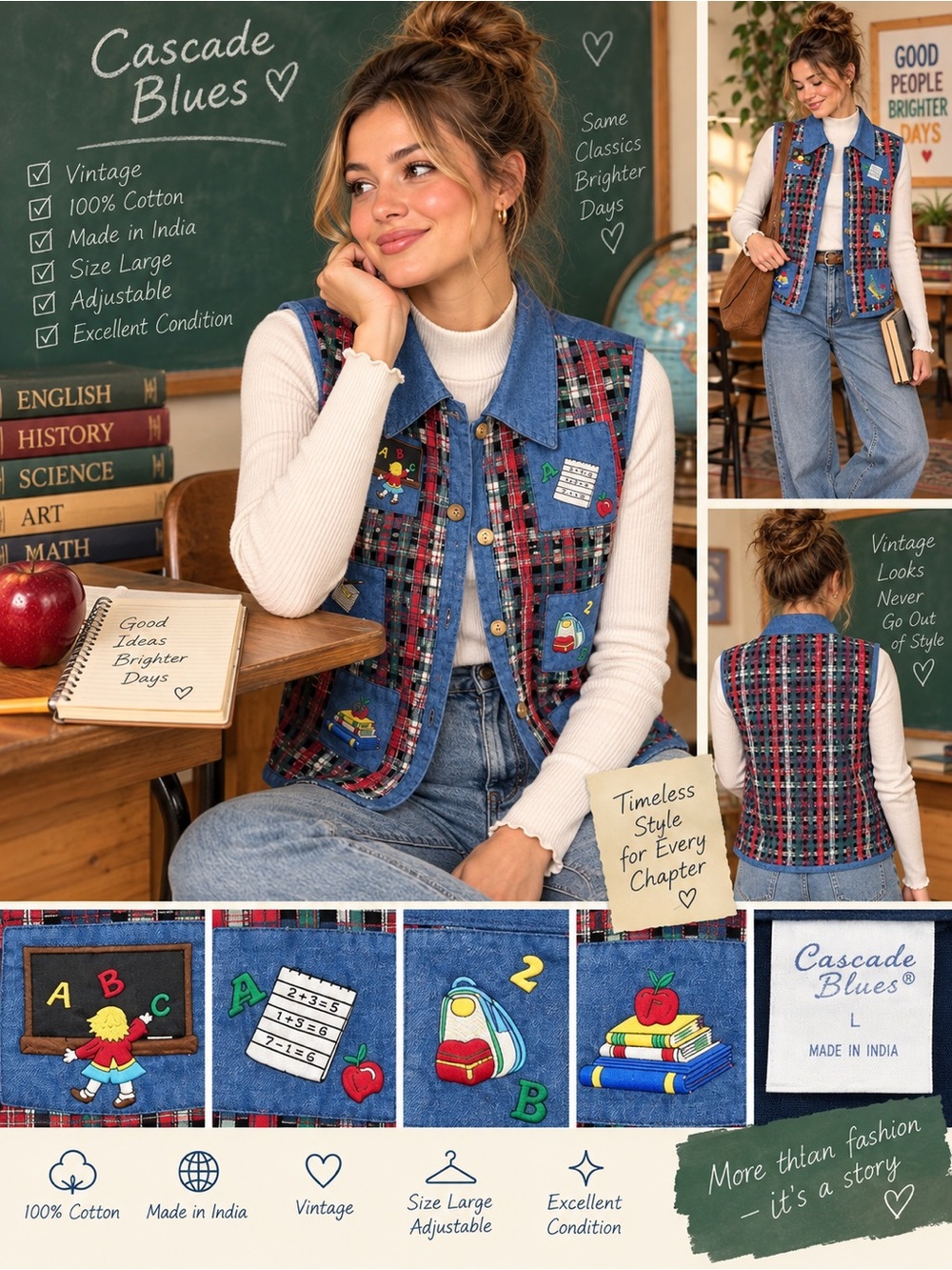 Vintage Cascade Blues Plaid Teacher Vest Embroidered School Patches Cotton L